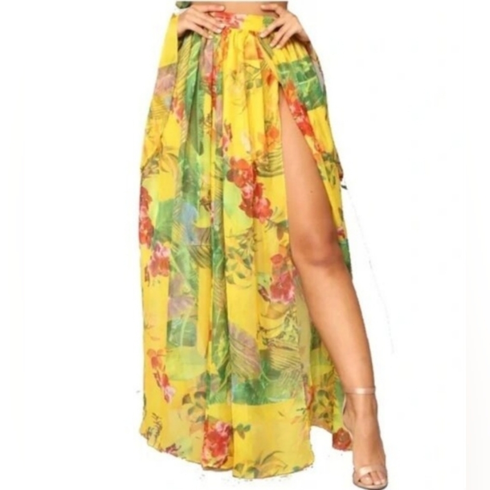 CqbyCq Tropical Maxi Skirt Double Thigh Front Slits‎ Yellow Floral Print Resort